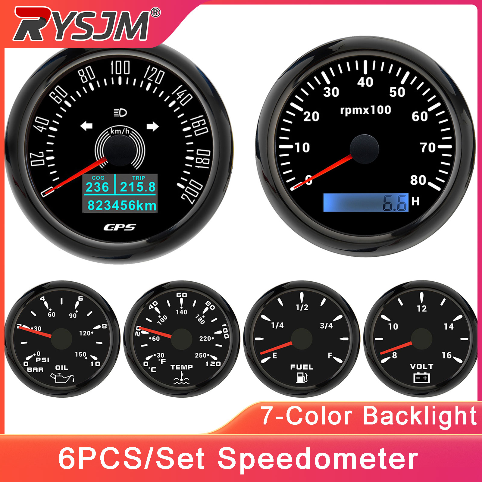 Marine Test Kit - Kit de 6 Medidores 85mm 200KM/H